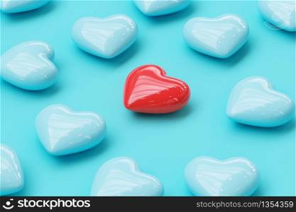 Red heart in the middle of blue hearts on blue background. Valentine concnept 3D Render.