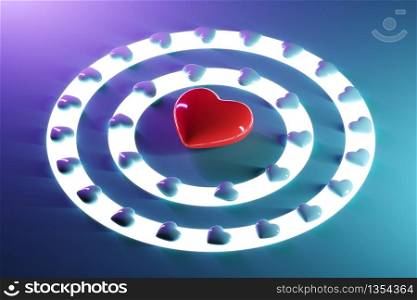 Red heart in the middle of blue hearts on blue violet color background. Valentine concnept 3D Render.