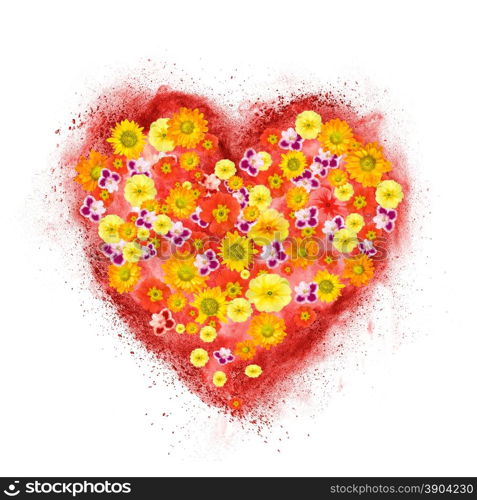 red heart made of powder explosion with flowers isolated on white background