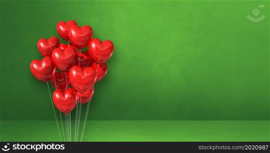Red heart shape balloons bunch on a bgreen wall background. Horizontal banner. 3D illustration render. Red heart shape balloons bunch on a green wall background. Horizontal banner.