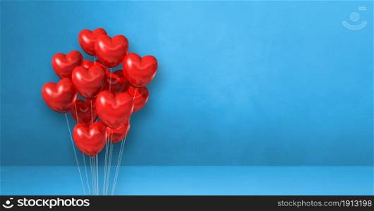 Red heart shape balloons bunch on a blue wall background. Horizontal banner. 3D illustration render. Red heart shape balloons bunch on a blue wall background. Horizontal banner.