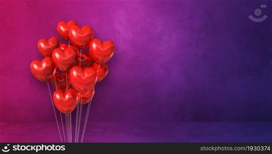 Red heart shape balloons bunch on a purple wall background. Horizontal banner. 3D illustration render. Red heart shape balloons bunch on a purple wall background. Horizontal banner.