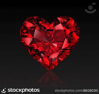Red heart shaped diamond, isolated on black background. 3D render