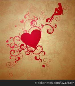 red heart with florishes on grunge brown background with little flying fairy