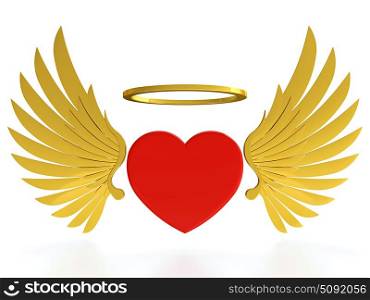 Red heart with golden wings and halo on white background
