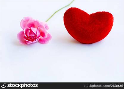 Red heart with pink rose on over white background. Copy space, Concept background for Valentines Day