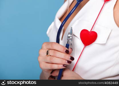 red heart woman in nurse suit with stethoscope blue background