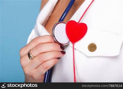 red heart woman in nurse suit with stethoscope blue background
