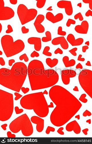 Red hearts background, many paper hearts isolated on white
