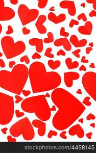 Red hearts background, many paper hearts isolated on white