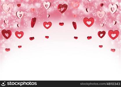 Red hearts background. Red decorative hearts on pink bokeh background with white copy space
