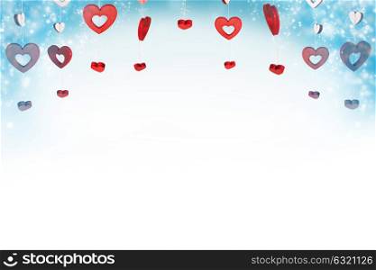 Red hearts background. Red wooden decorative hearts and bokeh lights, Valentine day background