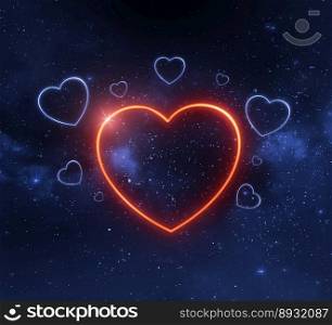 Red hearts neon shape on abstract light in the Planet view from space. 3d render