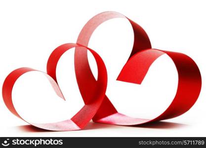 Red hearts of ribbon bow isolated on white background