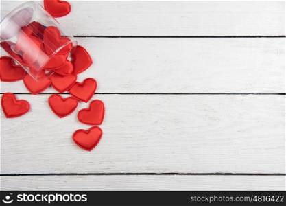 Red hearts on a white wood background, for valentines day illustration