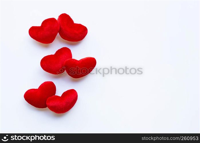 Red hearts on white background. Copy space, Concept background for Valentines Day