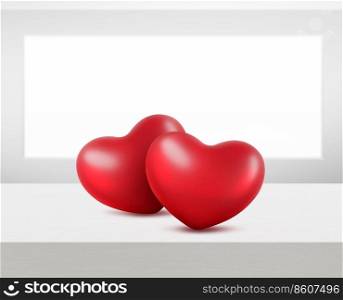 Red hearts on white wooden table with copy space