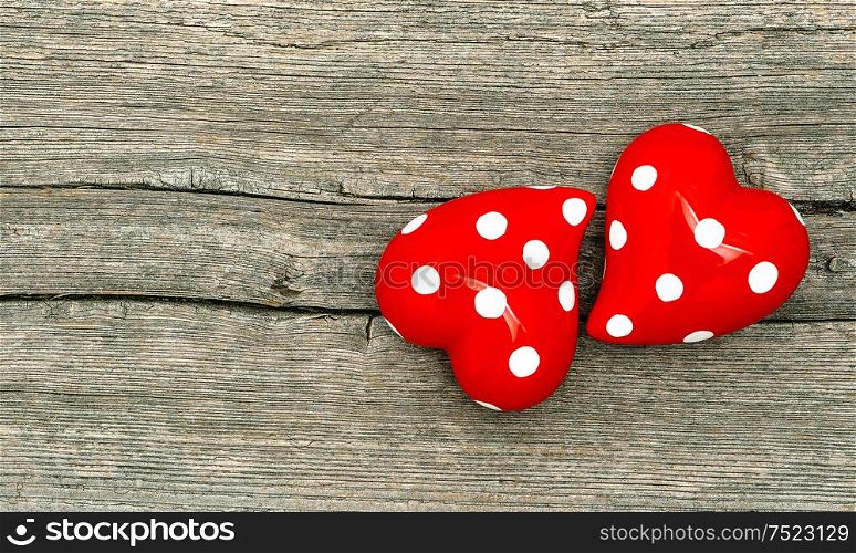Red Hearts On Wooden Background. Love Concept. Valentines Day Decoration