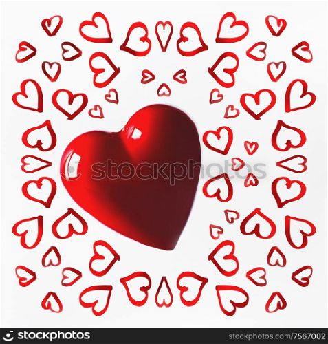 Red hearts pattern on white background. Declaration of love and Valentines day concept