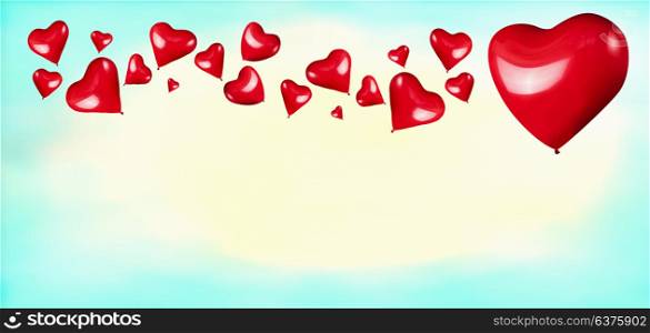 Red hearts shaped balloons on turquoise blue background. Love or Valentines day concept
