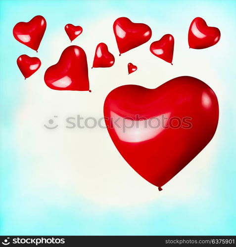 Red hearts shaped balloons on turquoise blue sky background. Love or Valentines day concept