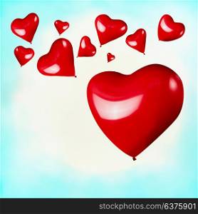 Red hearts shaped balloons on turquoise blue sky background. Love or Valentines day concept