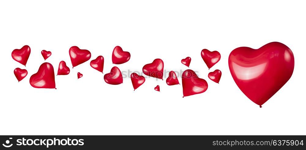 Red hearts shaped balloons on white background, isolated. Love or Valentines day concept