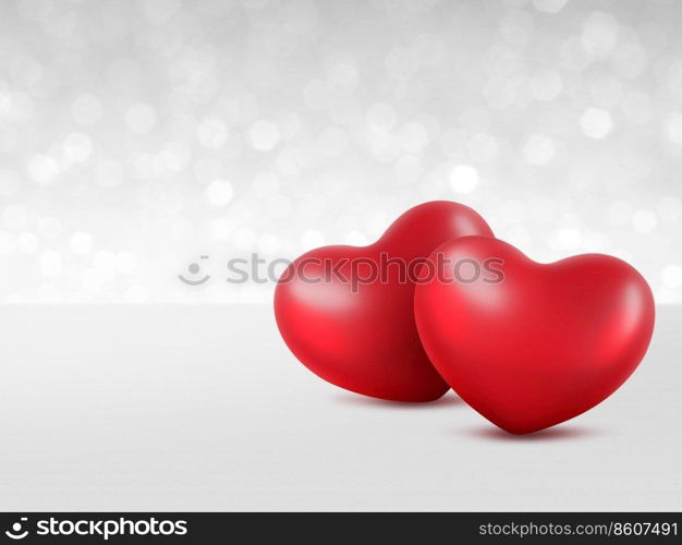 Red hearts, Valentine&rsquo;s Day greeting card. Bokeh background. 3d render