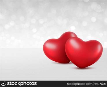 Red hearts, Valentine&rsquo;s Day greeting card. Bokeh background. 3d render