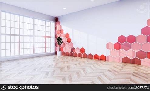 Red Hexagon tiles wall on Empty white room on wooden floor interior design. 3D rendering