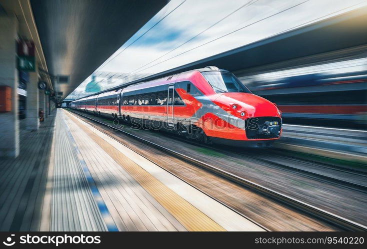 Red high speed train in motion on the railway station. Fast moving modern intercity train and blurred background. Railway platform. Railroad in Italy. Commercial and passenger railway transportation	