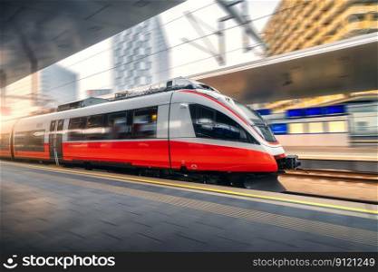 Red high speed train in motion on the railway station at sunset. Fast modern intercity train and blurred background. Railway platform. Railroad in Austria. Commercial and passenger transportation 