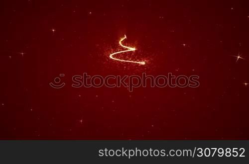 Red Holiday Background. Glowing Christmas Tree forming surrounded by stars.