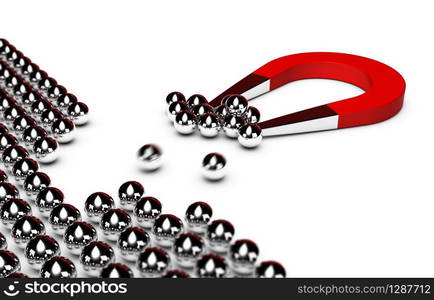 red horseshoe magnet attracting some chrome balls from a crowd, white background. marketing campaign, business success