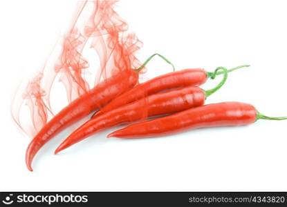 red hot chili pepper with smoke isolated on white