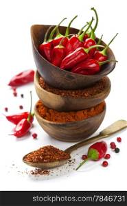 Red Hot Chili Peppers with herbs and spices over white background - cooking or spicy food concept