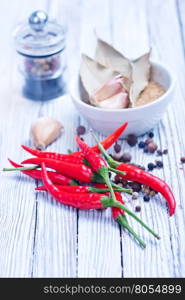 red hot chilli with salt and aroma spice on a table