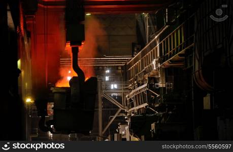 red-hot molten steel in a iron and steel enterprise production scene