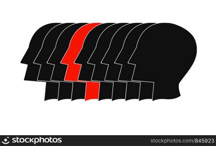 Red human head among series of black , 3D rendering