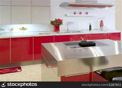 Red island kitchen silver modern interior house architecture