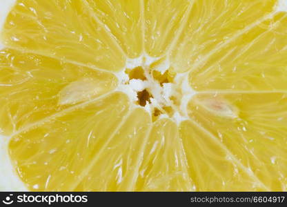 Red juicy cut of lemon, macro background. Grapefriut macro