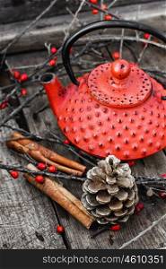 Red kettle,branches with berries and cinnamon sticks