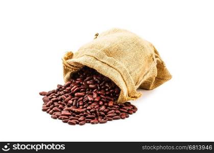 Red kidney bean in a ramie sac on white background