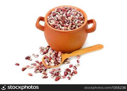 Red kidney beans in a ceramic pot isolated on white background.