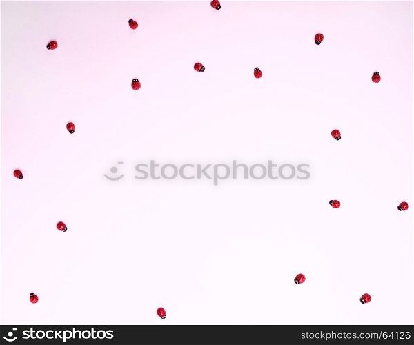 Red ladybugs on a pink background, empty space