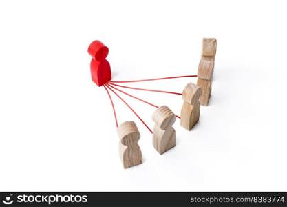 Red leader figurine connected with people by lines. Leadership and communication. Building a model of relationship with subordinates. Optimization and high work efficiency, minimization bureaucracy.