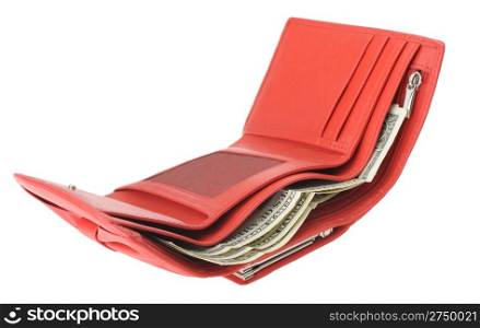 Red leather wallet with dollars. It is isolated on a white background