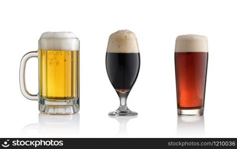 red light and dark beer glasses with foam isolated on a white background