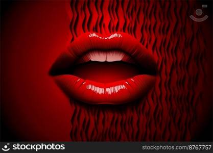 Red lips of a young woman on a black background