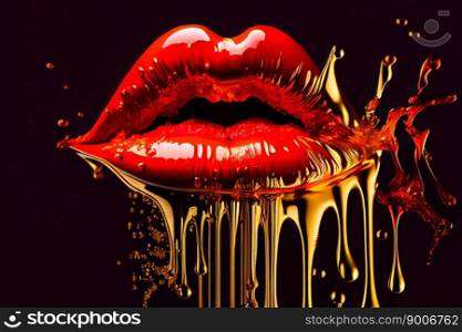 Red lips with gold liquid.  Generative AI 
